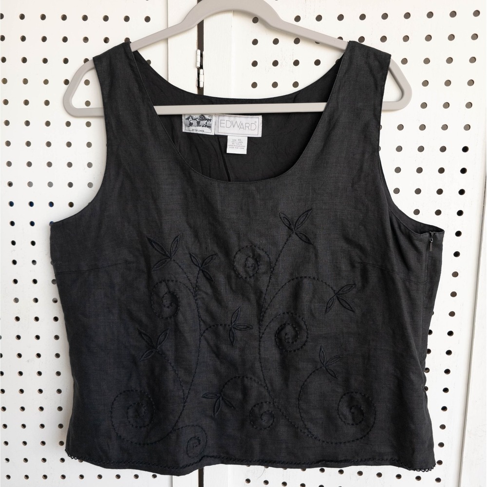 EDWARD Irish Linen Black Sleeveless Eyelet Embroidered Top Blouse SIZE XL